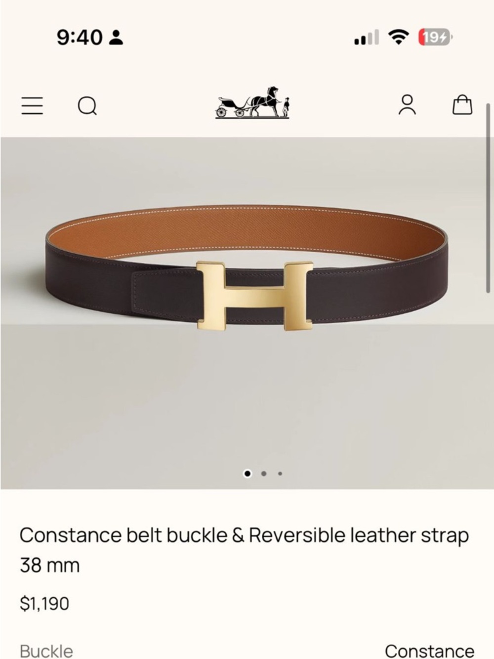 Hermes Reversible Leather Belt in Dark Brown and Tan with Gold H Buckle. Used 85